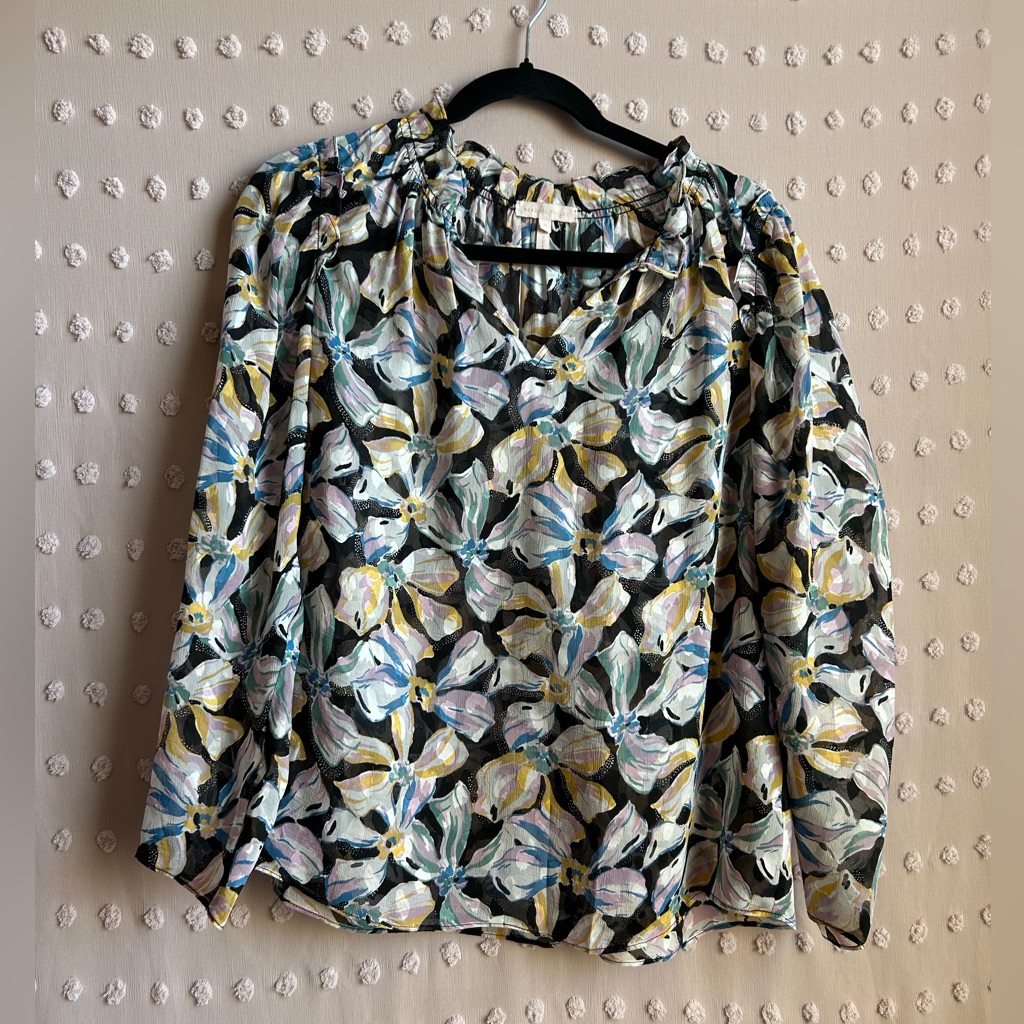 Rebecca Taylor Long Sleeve Button Bow Fleur Top Silk Blend Sz M Black Combo